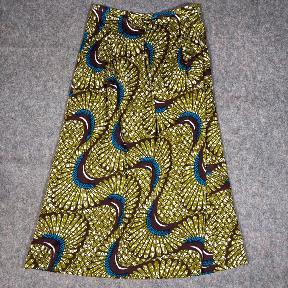 Soft Surroundings Maxi Skirt Womens M Green Blue Fan Print Cotton Blend Peacock